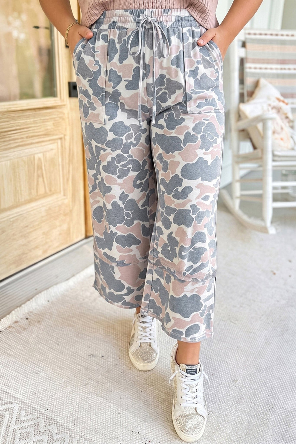 Plus Size Camo Patch Pocket Drawstring Cropped Pants - Rooted & Reckless Co.