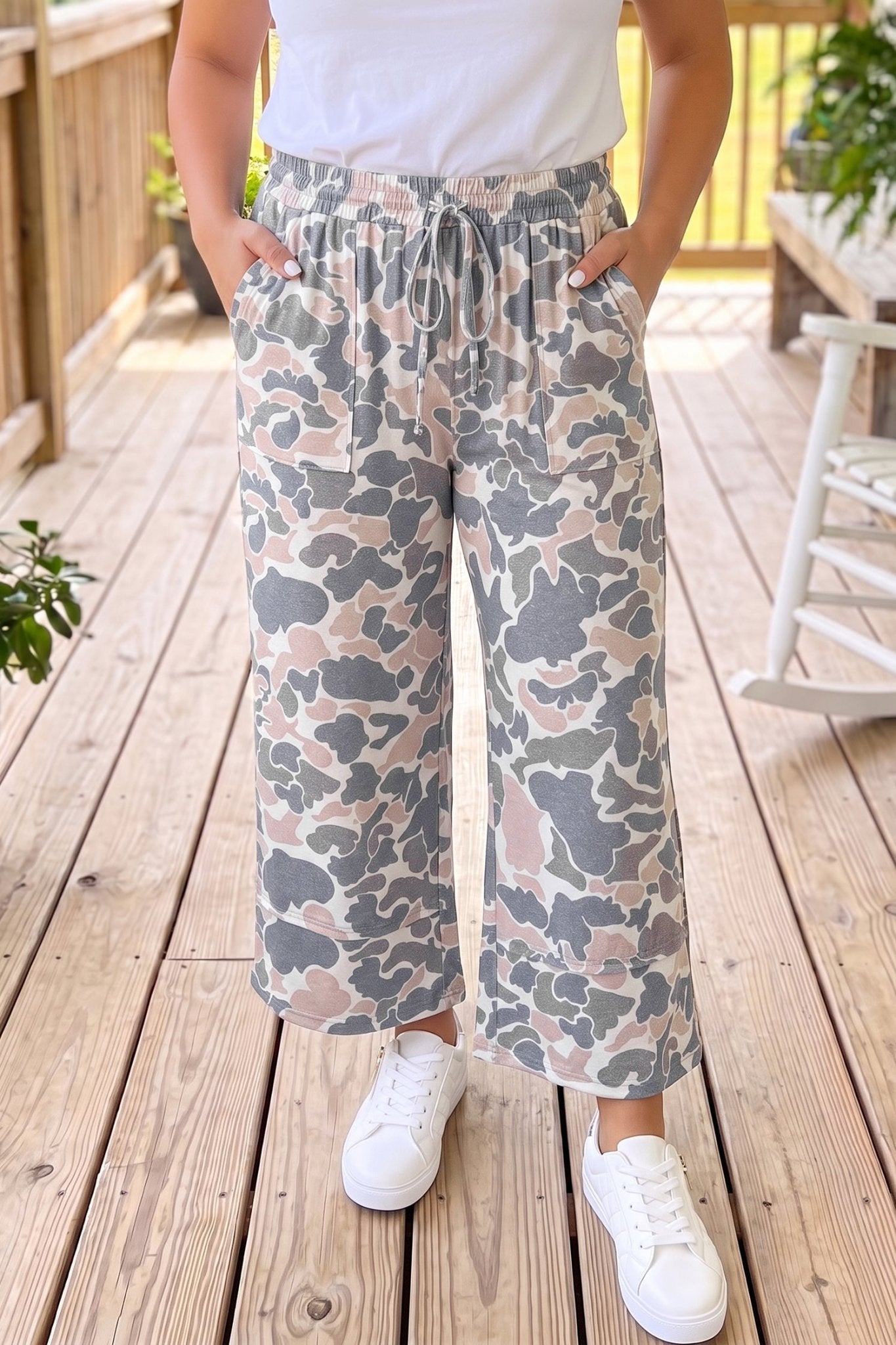 Plus Size Camo Patch Pocket Drawstring Cropped Pants - Rooted & Reckless Co.