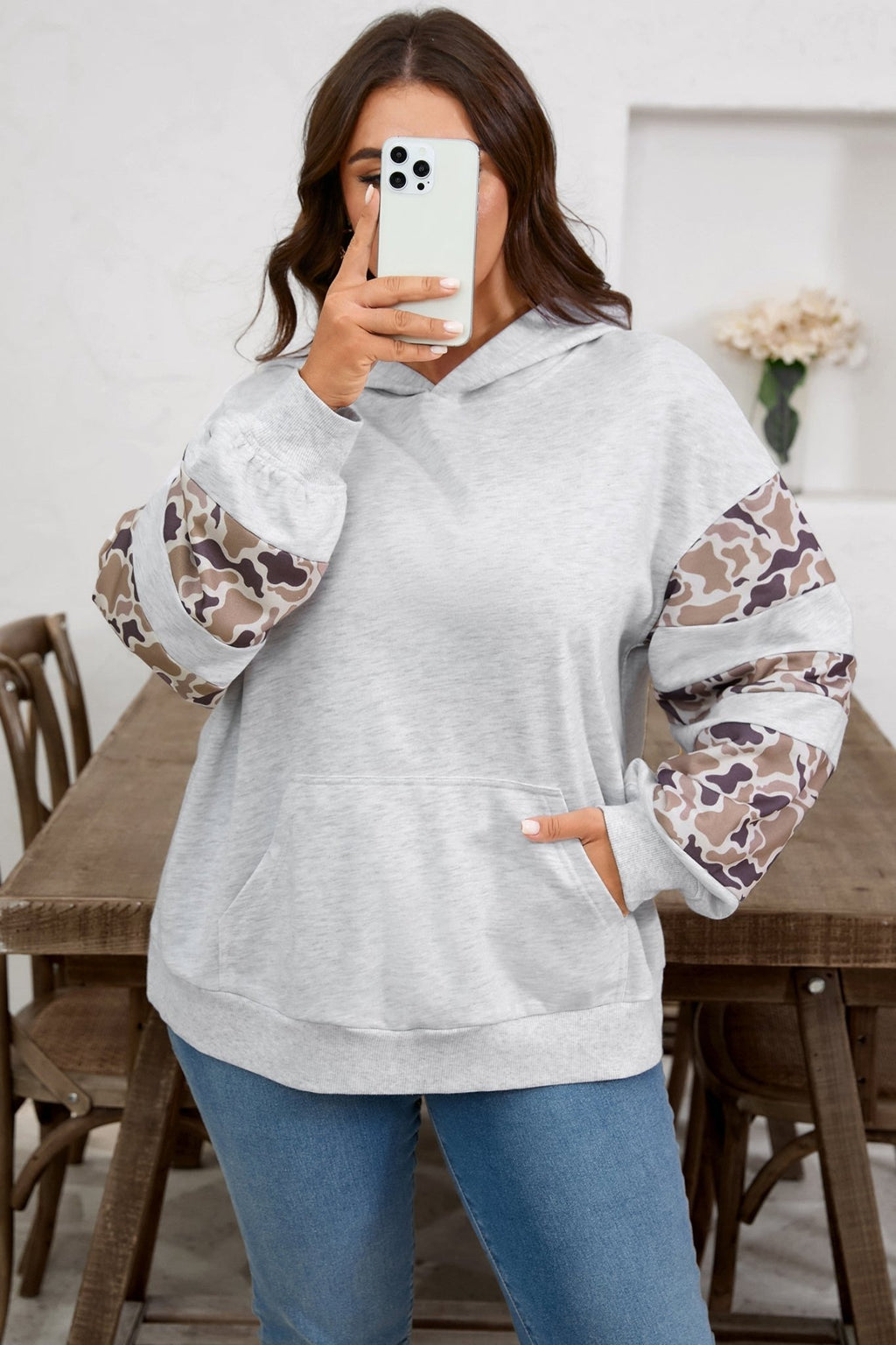 Plus Size Camo Patchwork Asymmetric Sleeve Hoodie - Rooted & Reckless Co.