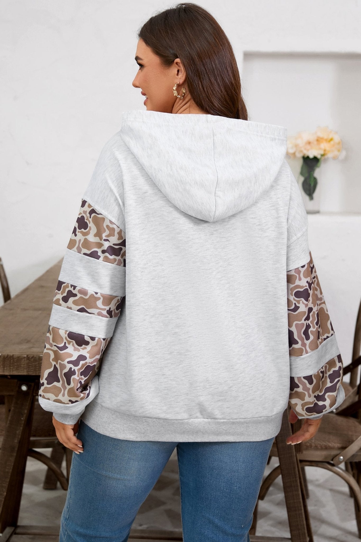 Plus Size Camo Patchwork Asymmetric Sleeve Hoodie - Rooted & Reckless Co.