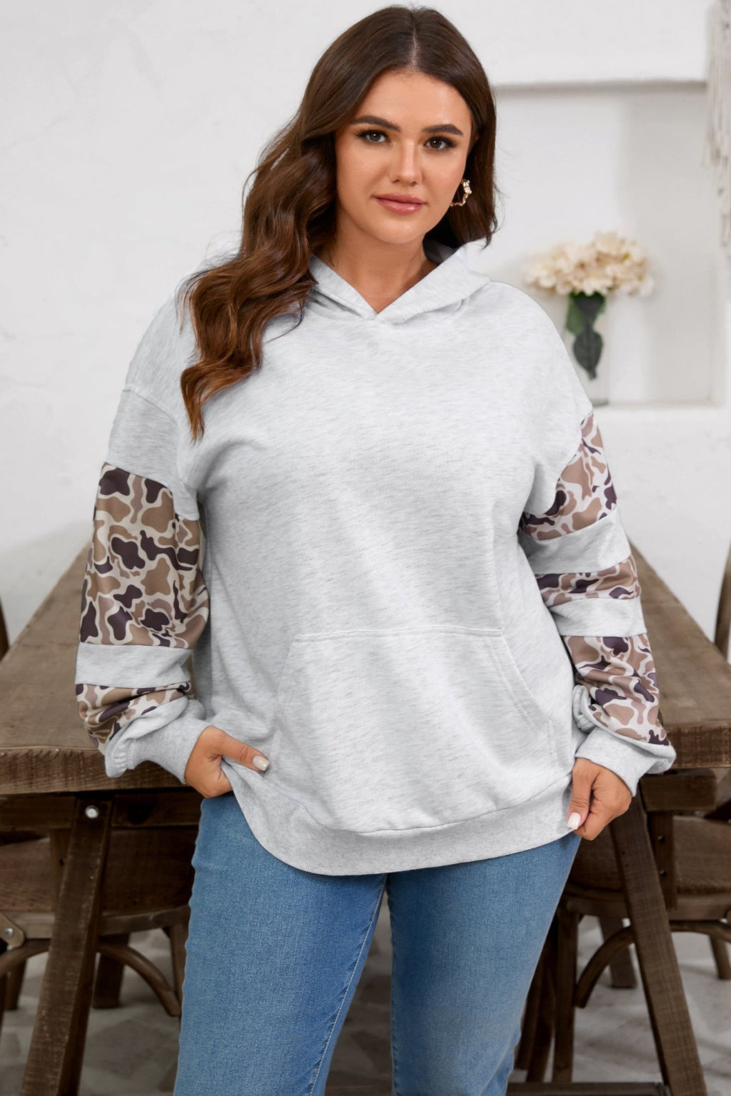 Plus Size Camo Patchwork Asymmetric Sleeve Hoodie - Rooted & Reckless Co.