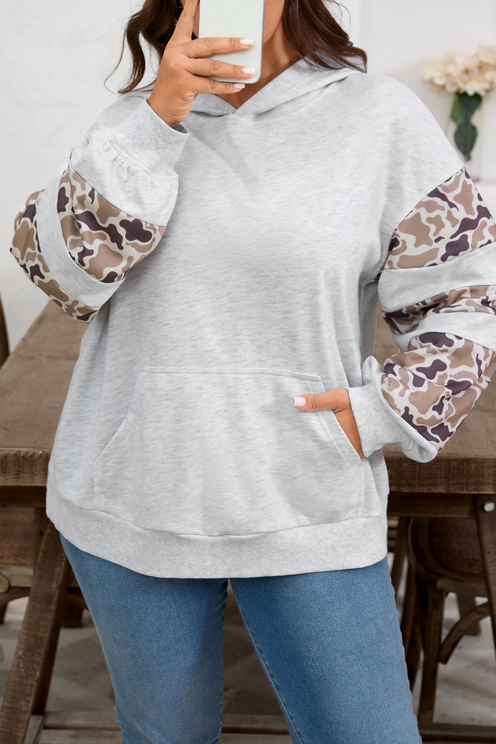 Plus Size Camo Patchwork Asymmetric Sleeve Hoodie - Rooted & Reckless Co.