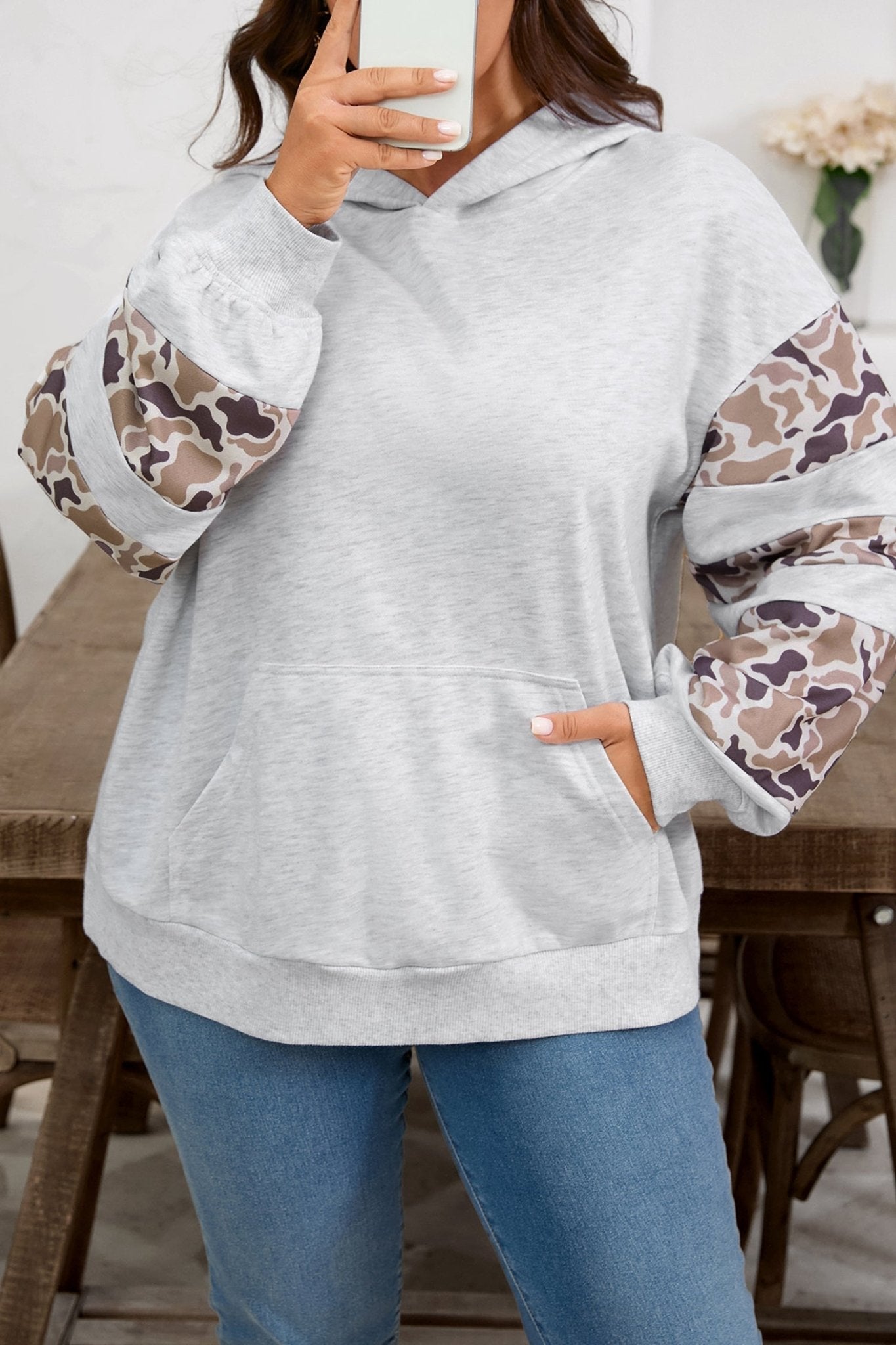 Plus Size Camo Patchwork Asymmetric Sleeve Hoodie - Rooted & Reckless Co.