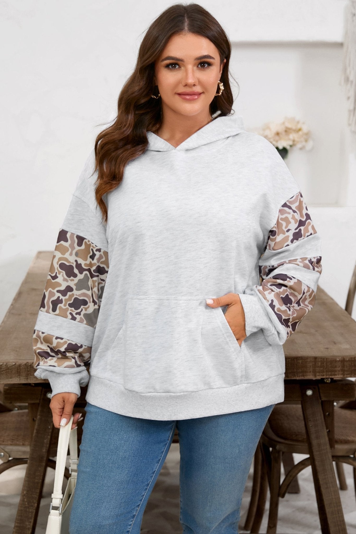 Plus Size Camo Patchwork Asymmetric Sleeve Hoodie - Rooted & Reckless Co.