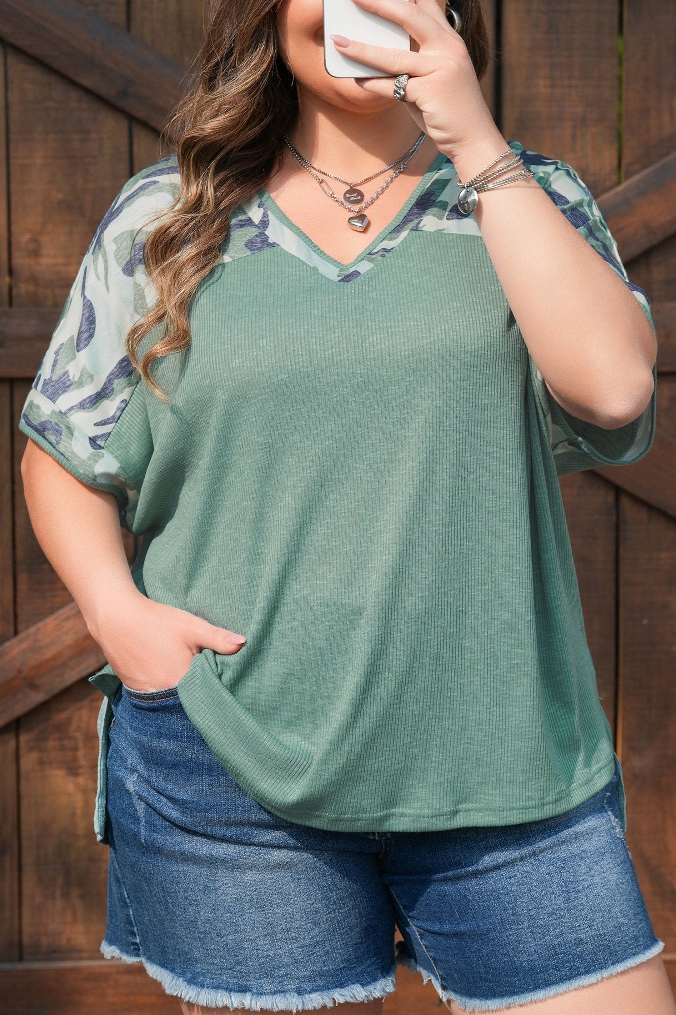 Plus Size Camo Patchwork Ribbed V-Neck Tee - Rooted & Reckless Co.