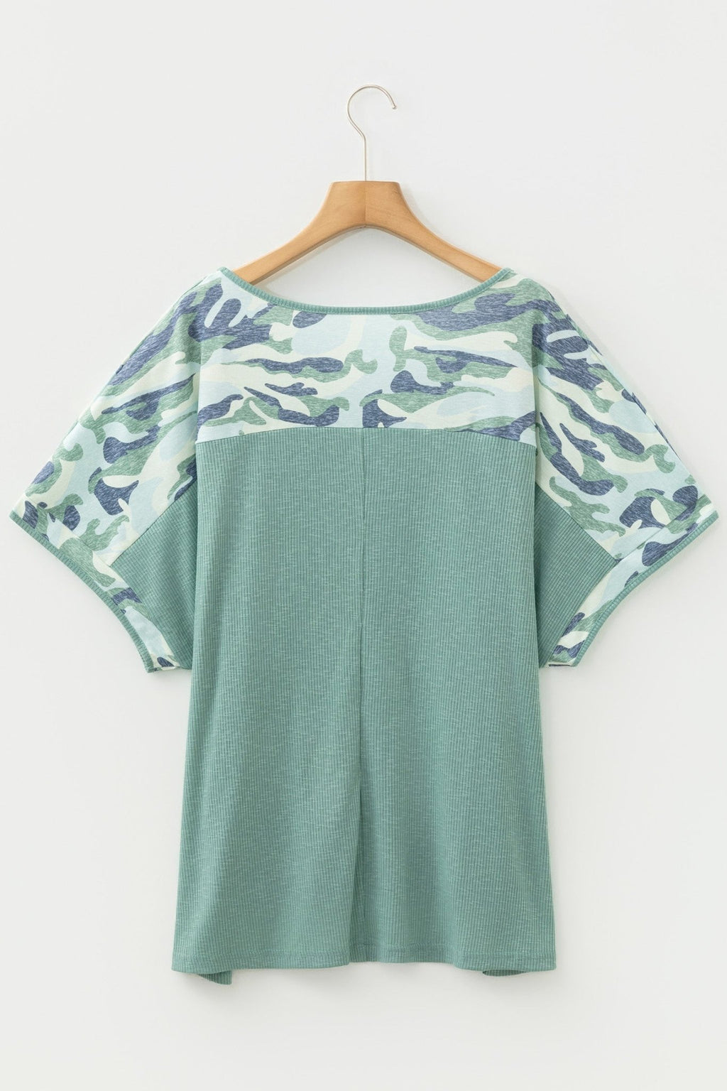Plus Size Camo Patchwork Ribbed V-Neck Tee - Rooted & Reckless Co.