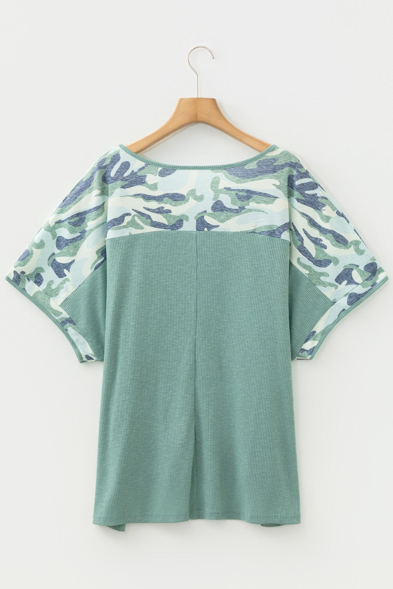 Plus Size Camo Patchwork Ribbed V-Neck Tee - Rooted & Reckless Co.