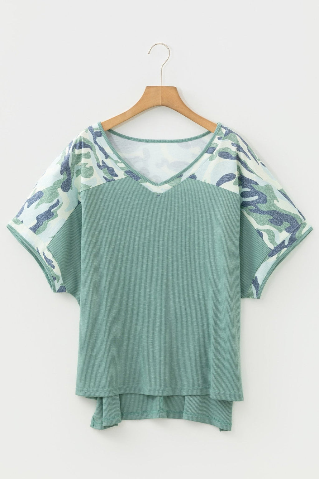 Plus Size Camo Patchwork Ribbed V-Neck Tee - Rooted & Reckless Co.