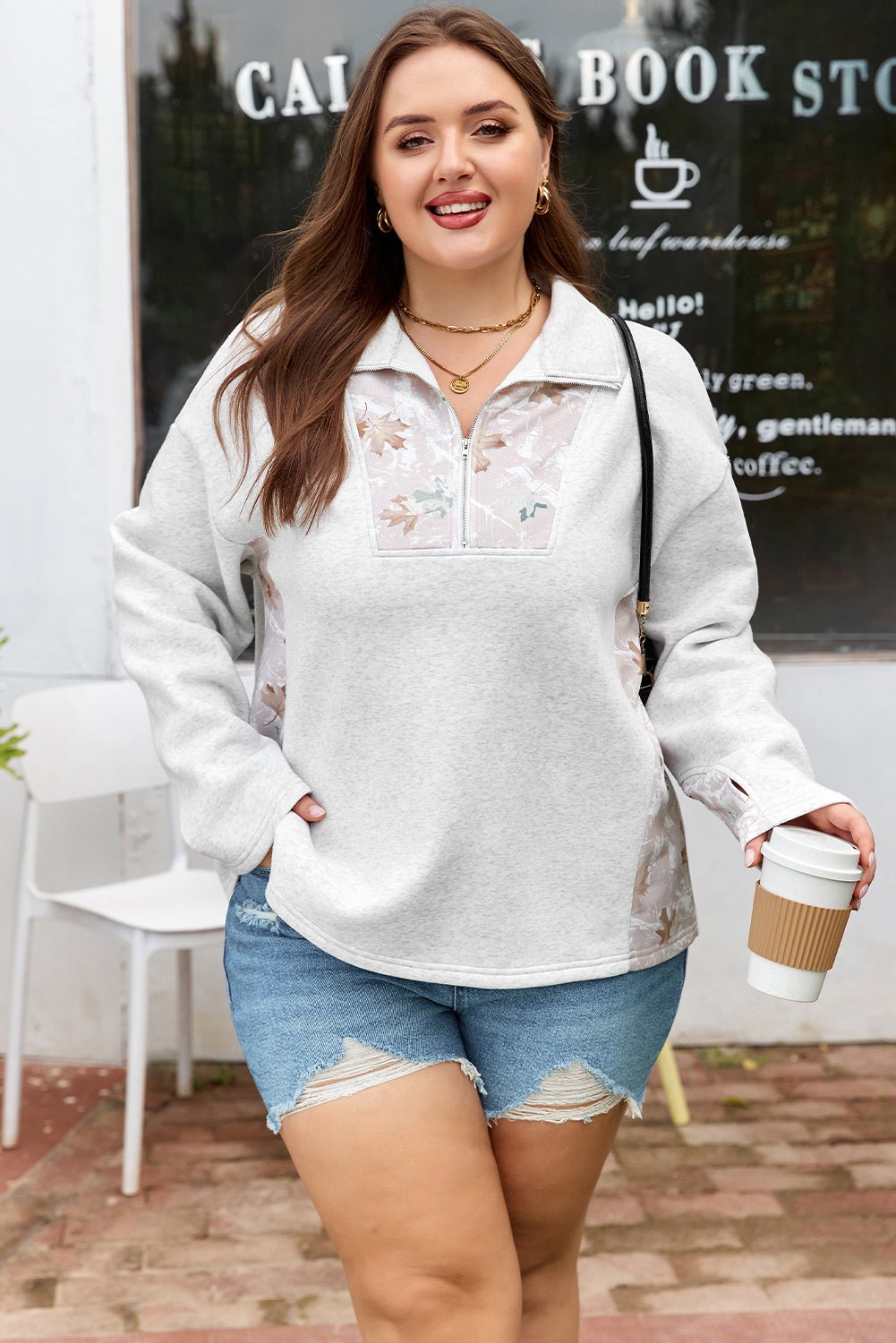 Plus Size Camo Patchwork Zipped Collar Pullover Sweatshirt - Rooted & Reckless Co.