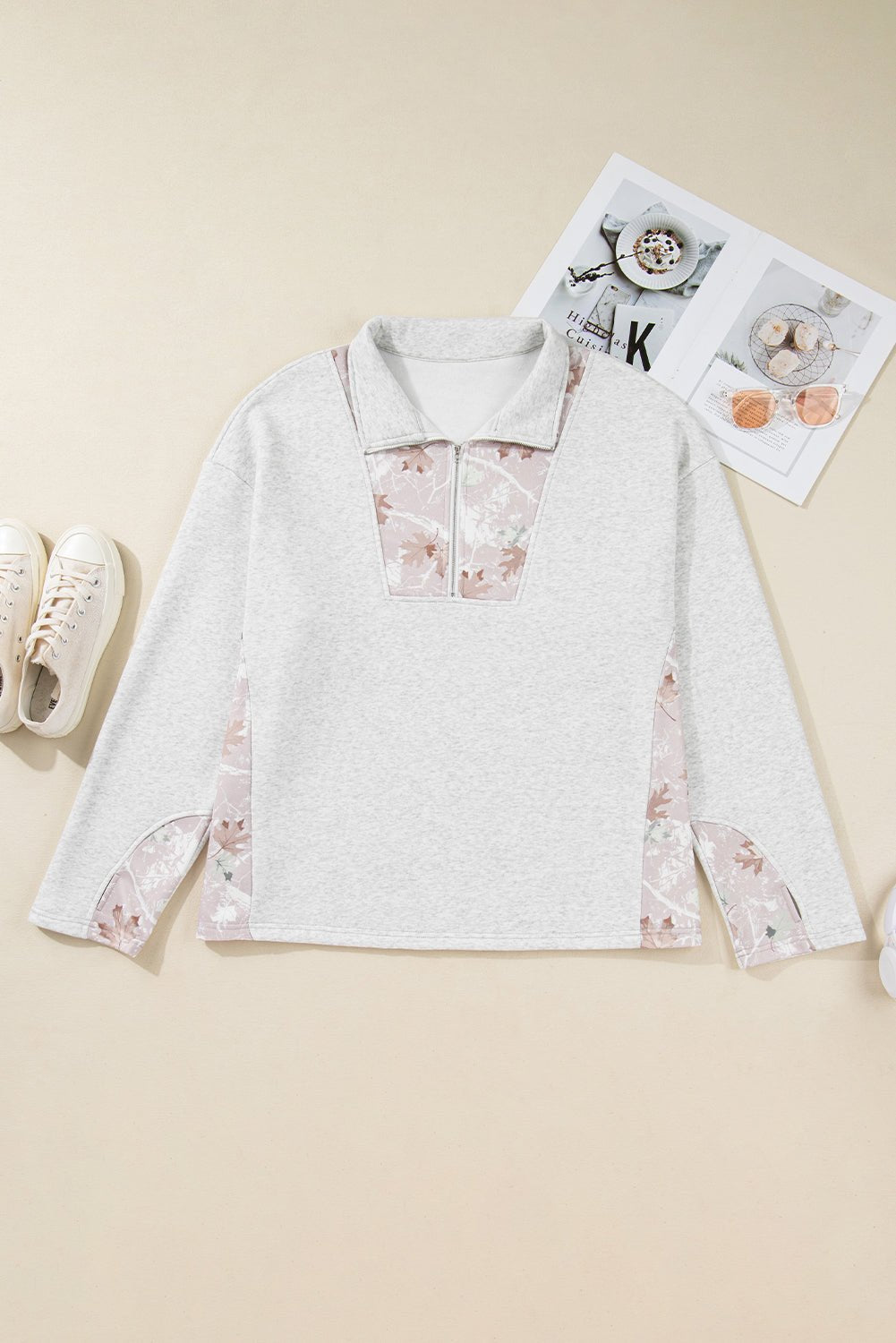 Plus Size Camo Patchwork Zipped Collar Pullover Sweatshirt - Rooted & Reckless Co.