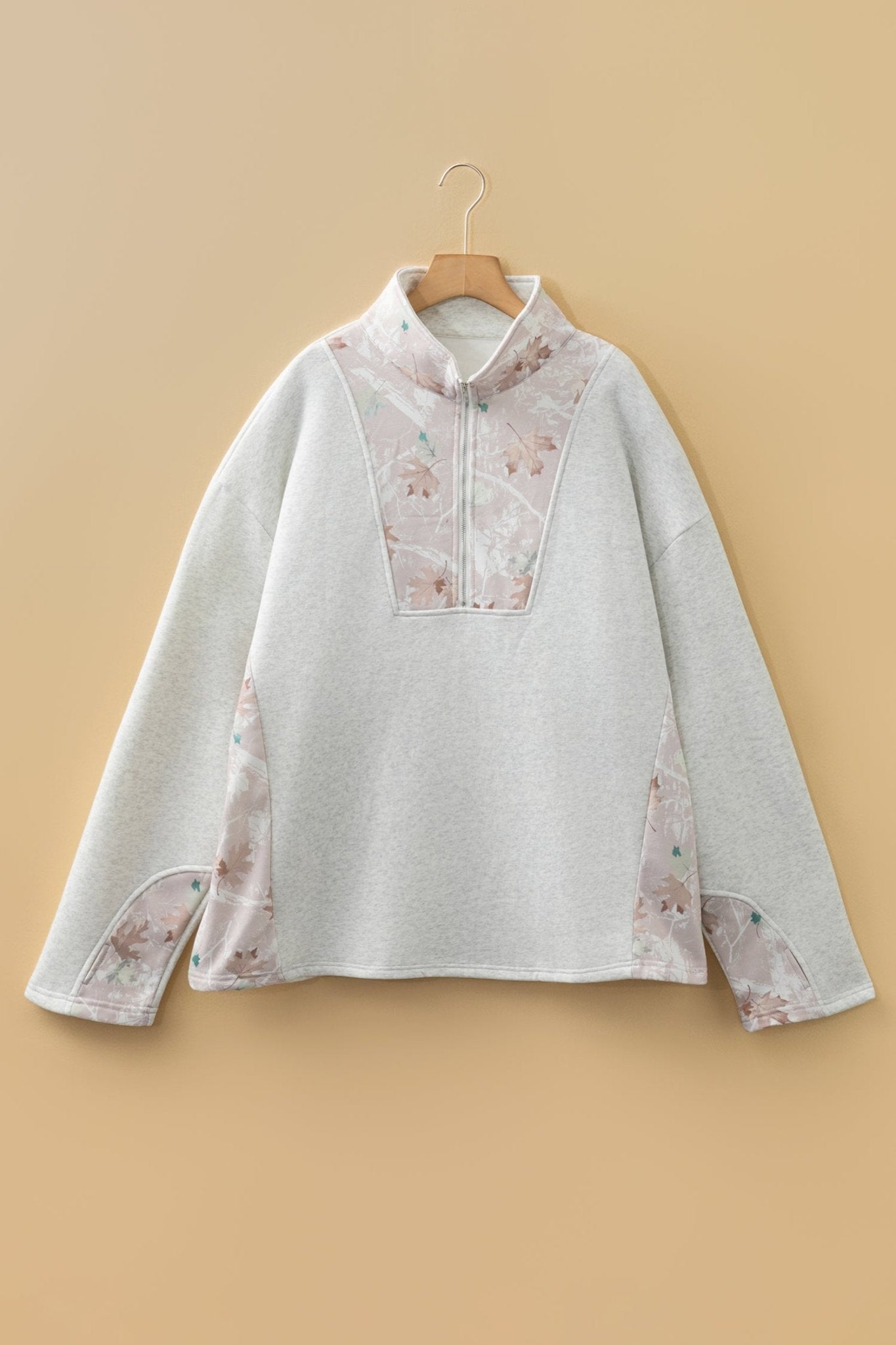 Plus Size Camo Patchwork Zipped Collar Pullover Sweatshirt - Rooted & Reckless Co.