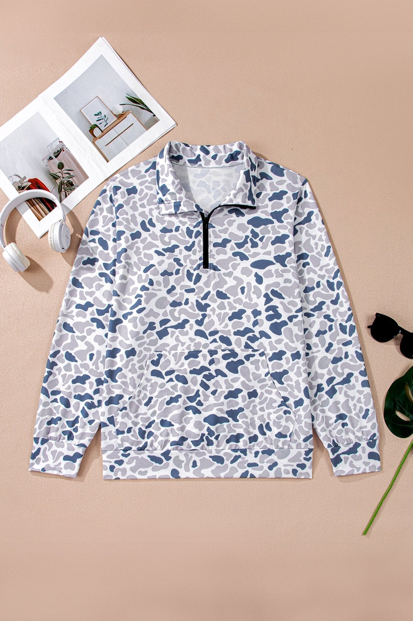 Plus Size Camo Quarter Zip Kangaroo Pocket Sweatshirt - Rooted & Reckless Co.