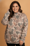 Plus Size Camo Ribbed Mock Neck Long Sleeve Sweatshirt - Rooted & Reckless Co.