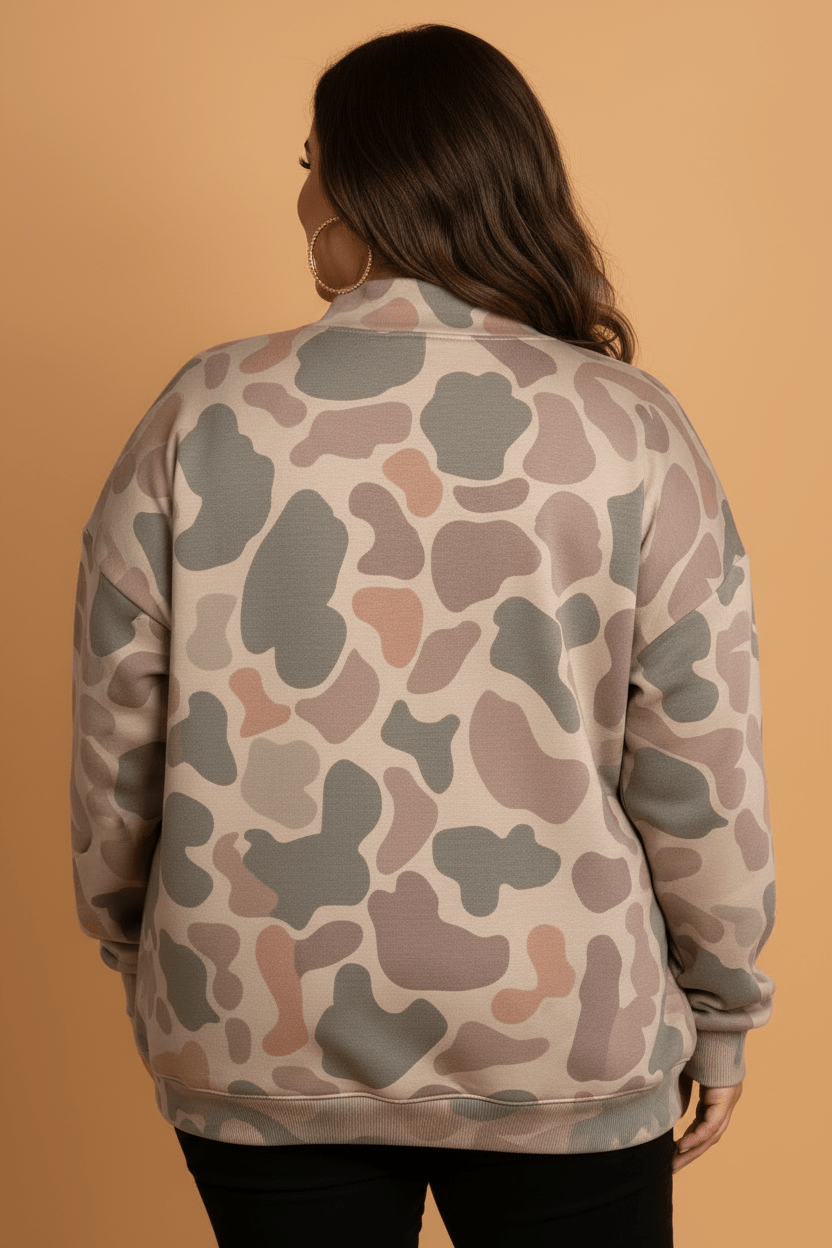Plus Size Camo Ribbed Mock Neck Long Sleeve Sweatshirt - Rooted & Reckless Co.