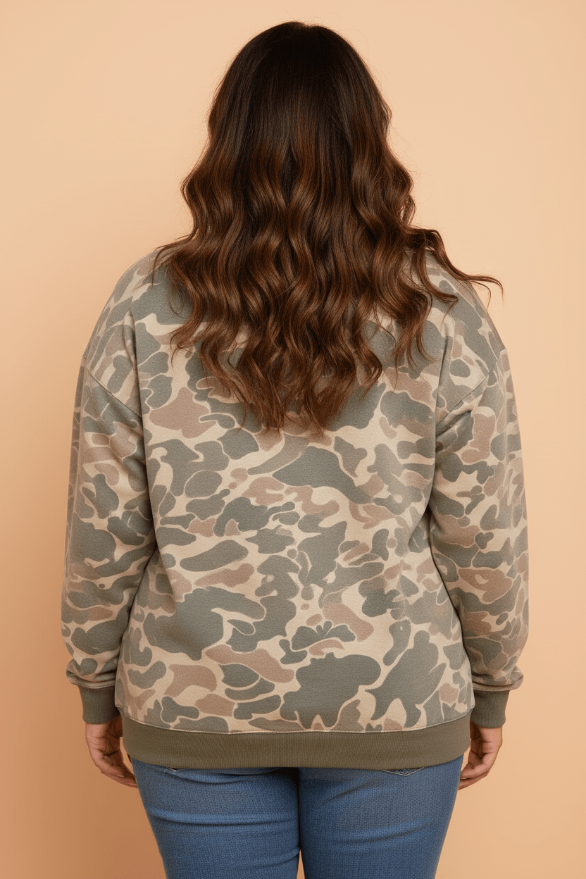 Plus Size Camo Round Neck Long Sleeve Sweatshirt - Rooted & Reckless Co.