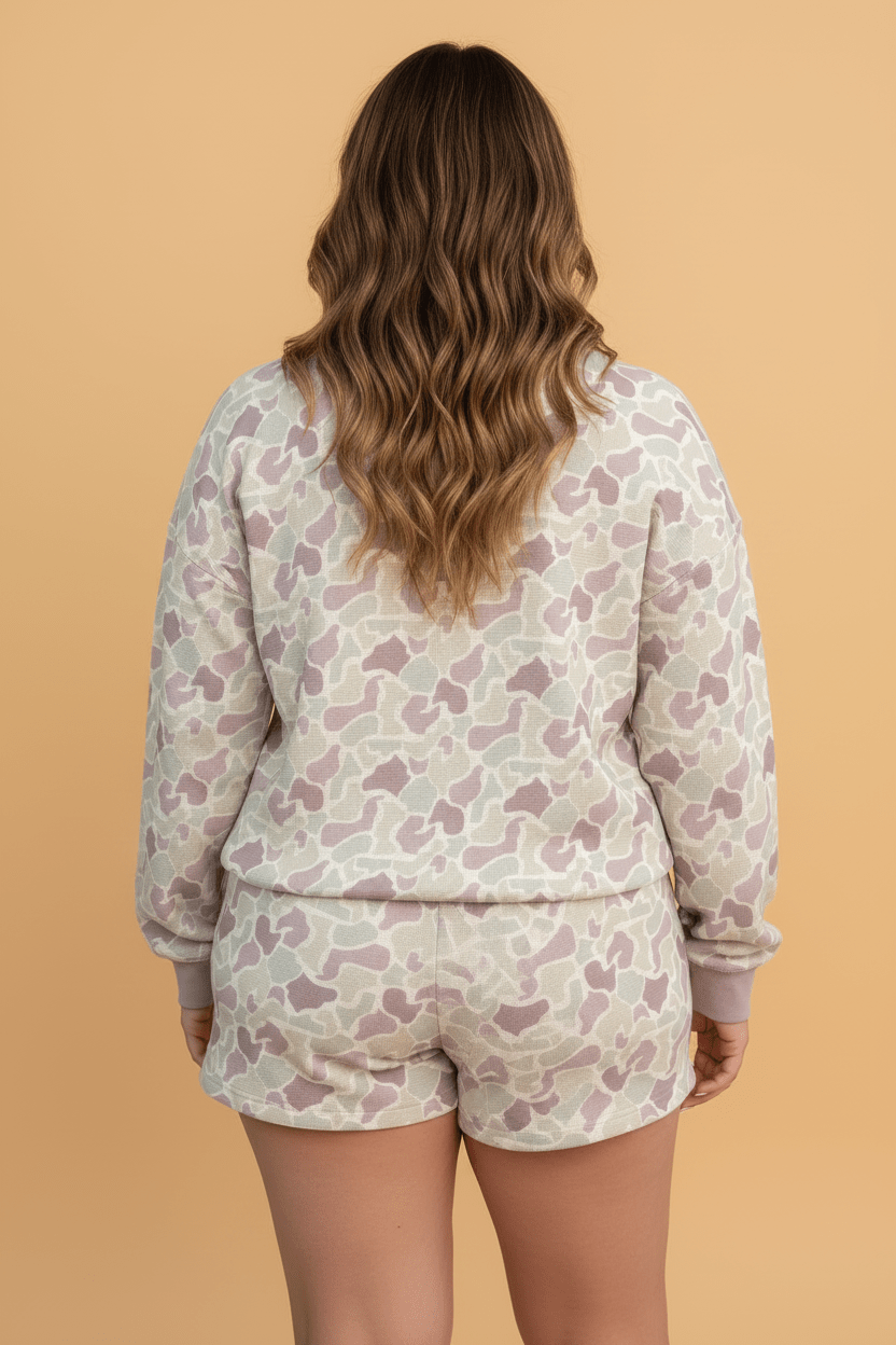 Plus Size Camo Waffle Knit Sweatshirt & Shorts Set - Rooted & Reckless Co.