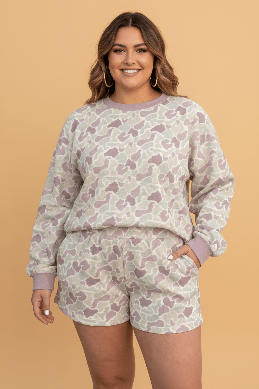 Plus Size Camo Waffle Knit Sweatshirt & Shorts Set - Rooted & Reckless Co.