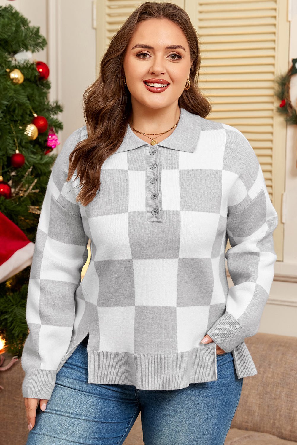 Plus Size Checker Buttoned Polo Collar Sweater - Rooted & Reckless Co.