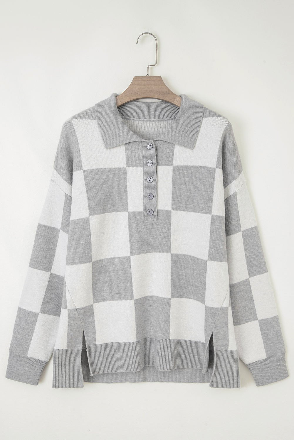 Plus Size Checker Buttoned Polo Collar Sweater - Rooted & Reckless Co.