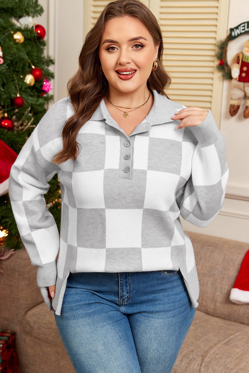 Plus Size Checker Buttoned Polo Collar Sweater - Rooted & Reckless Co.