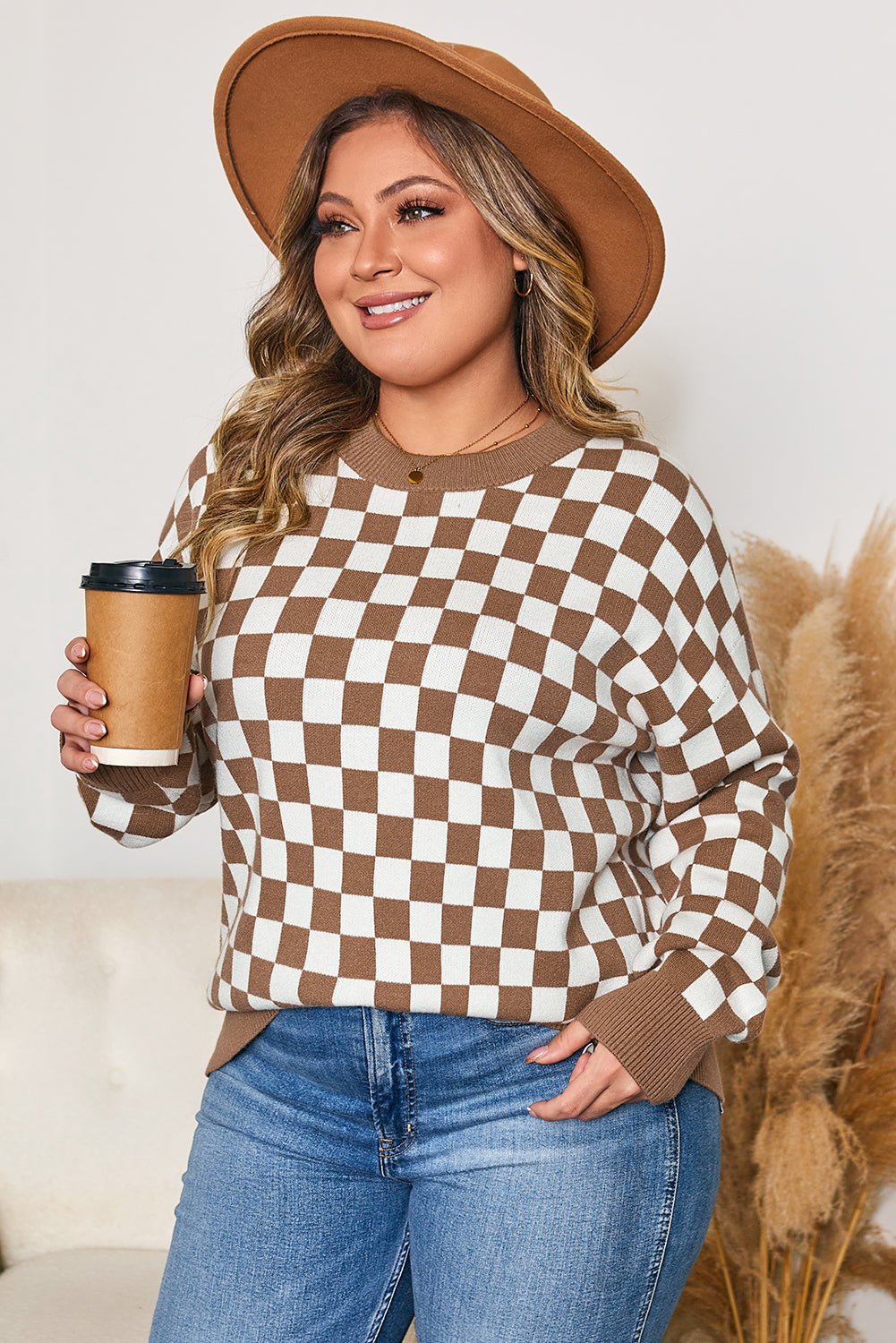 Plus Size Checker Contrast Edge Crewneck Sweater - Rooted & Reckless Co.