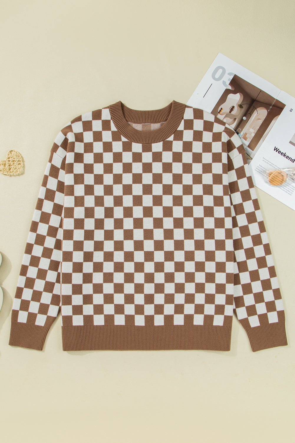 Plus Size Checker Contrast Edge Crewneck Sweater - Rooted & Reckless Co.