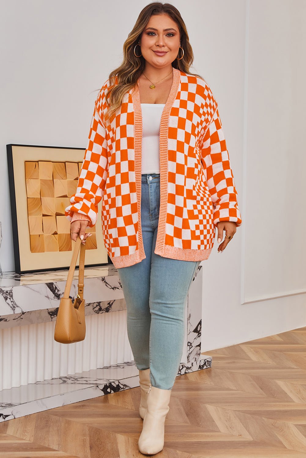 Plus Size Checker Drop Shoulder Open Front Cardigan - Rooted & Reckless Co.
