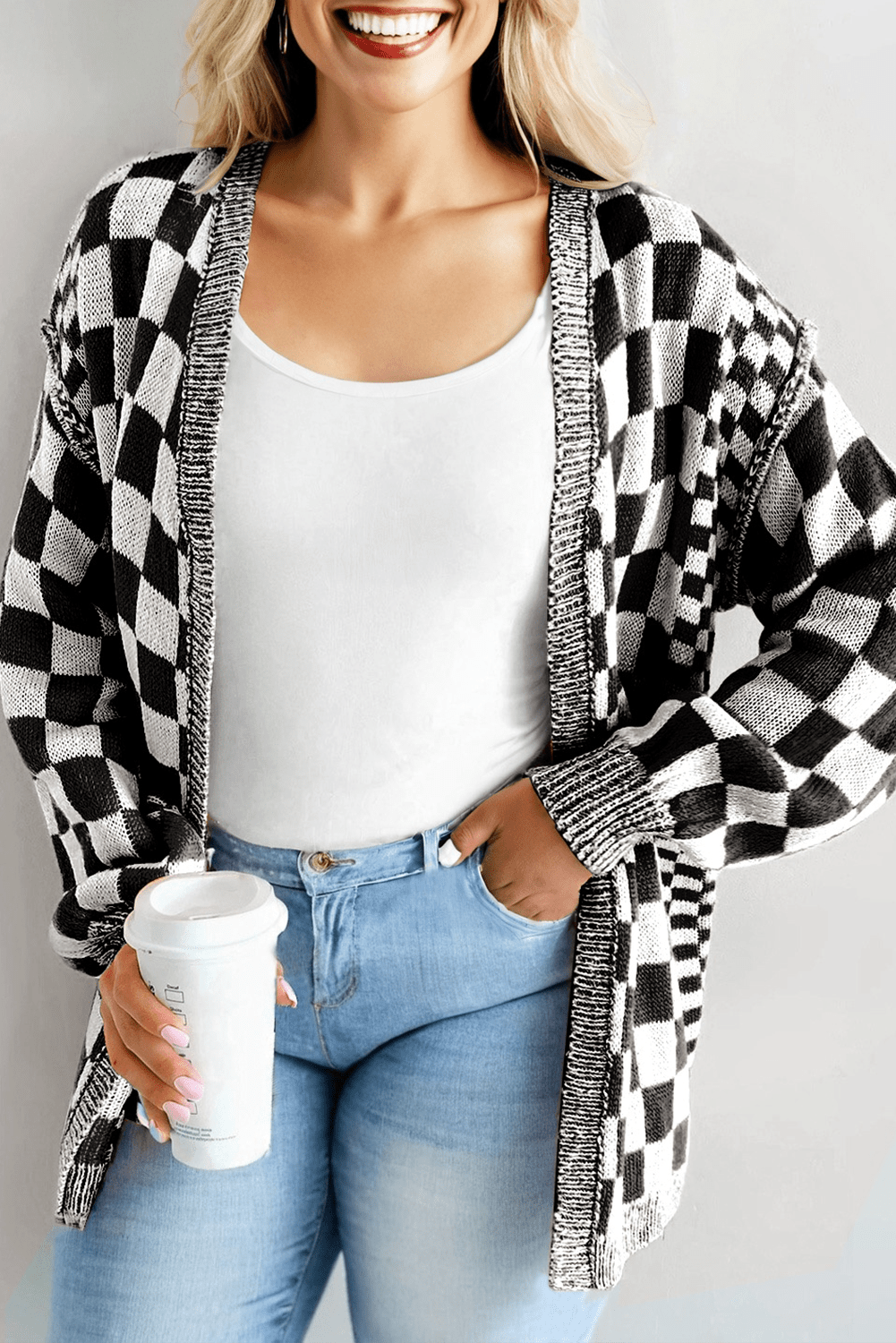 Plus Size Checker Drop Shoulder Open Front Cardigan - Rooted & Reckless Co.