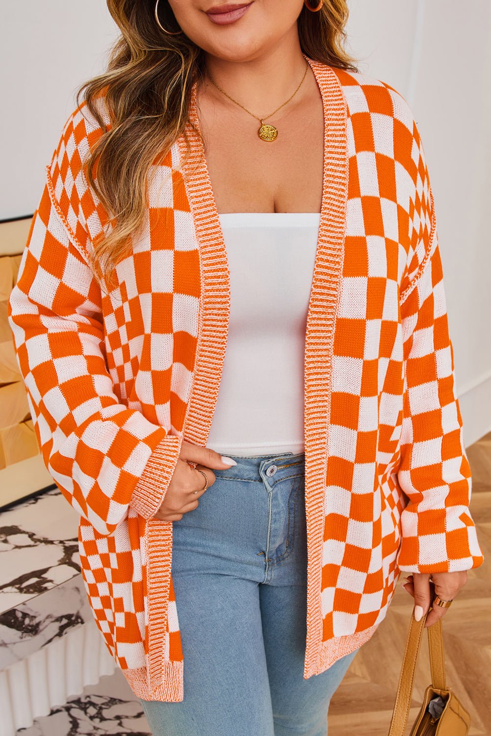 Plus Size Checker Drop Shoulder Open Front Cardigan - Rooted & Reckless Co.