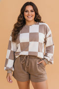 Plus Size Checker Long Sleeve Top & Solid Shorts Set - Rooted & Reckless Co.