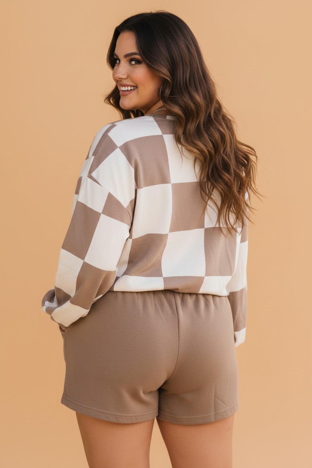Plus Size Checker Long Sleeve Top & Solid Shorts Set - Rooted & Reckless Co.