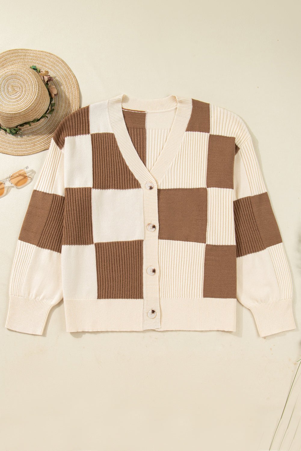 Plus Size Checker Ribbed Knit Buttoned V-Neck Cardigan - Rooted & Reckless Co.
