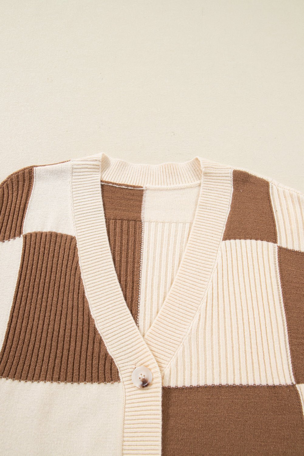 Plus Size Checker Ribbed Knit Buttoned V-Neck Cardigan - Rooted & Reckless Co.