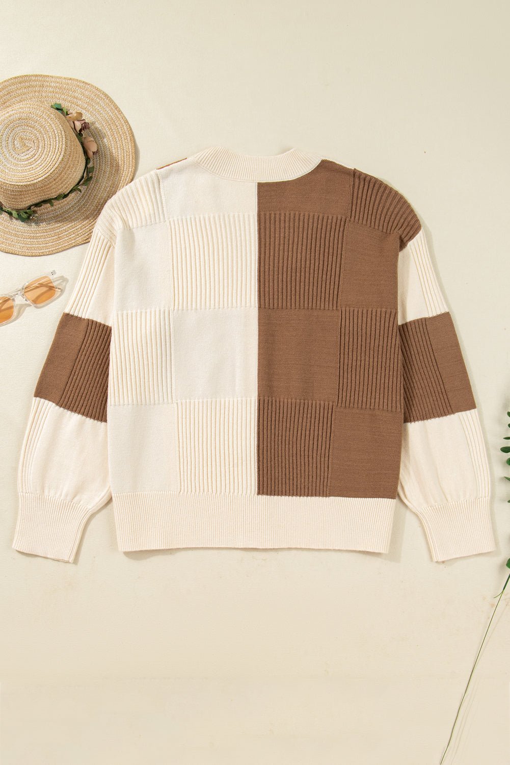 Plus Size Checker Ribbed Knit Buttoned V-Neck Cardigan - Rooted & Reckless Co.