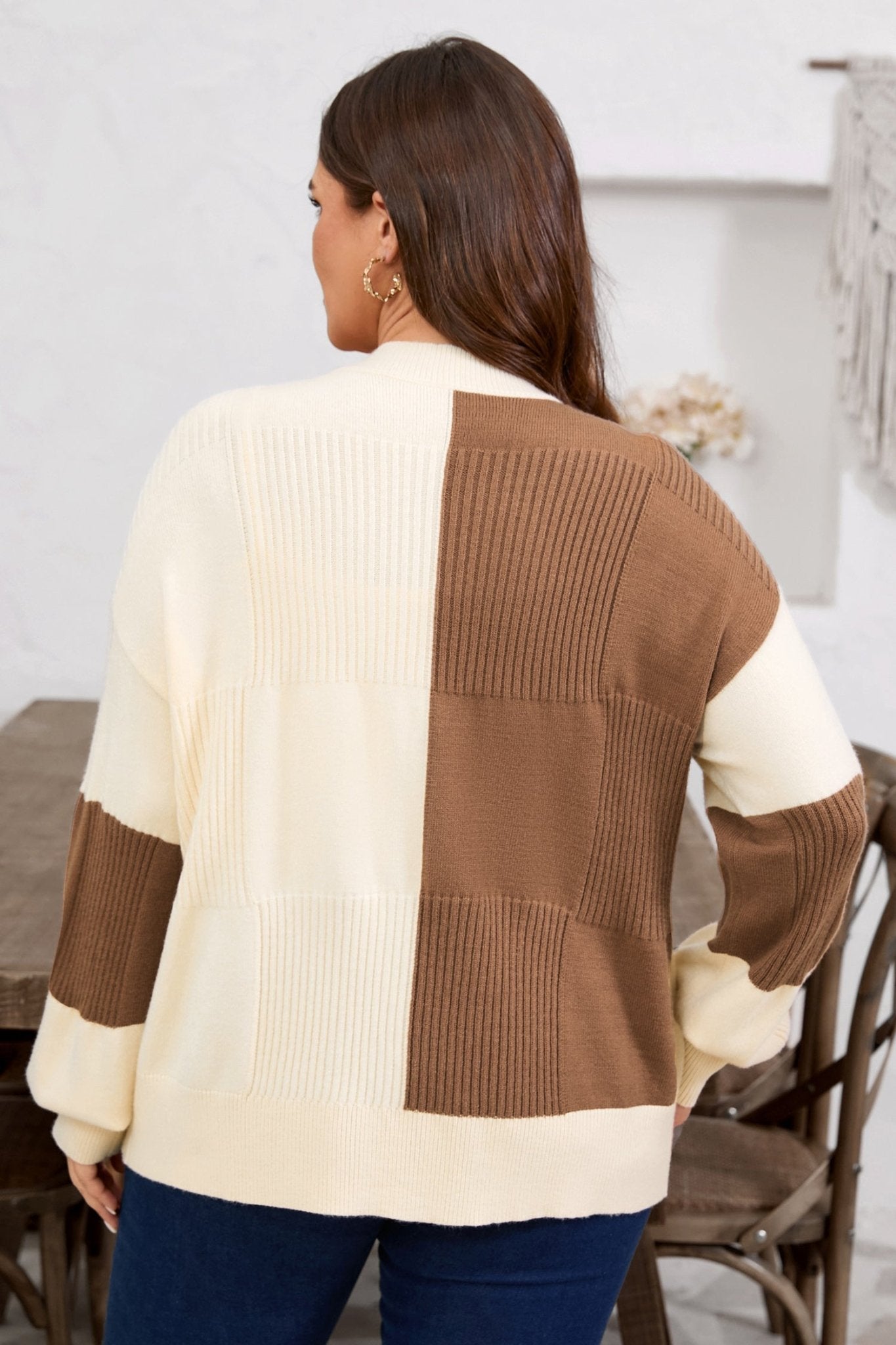 Plus Size Checker Ribbed Knit Buttoned V-Neck Cardigan - Rooted & Reckless Co.