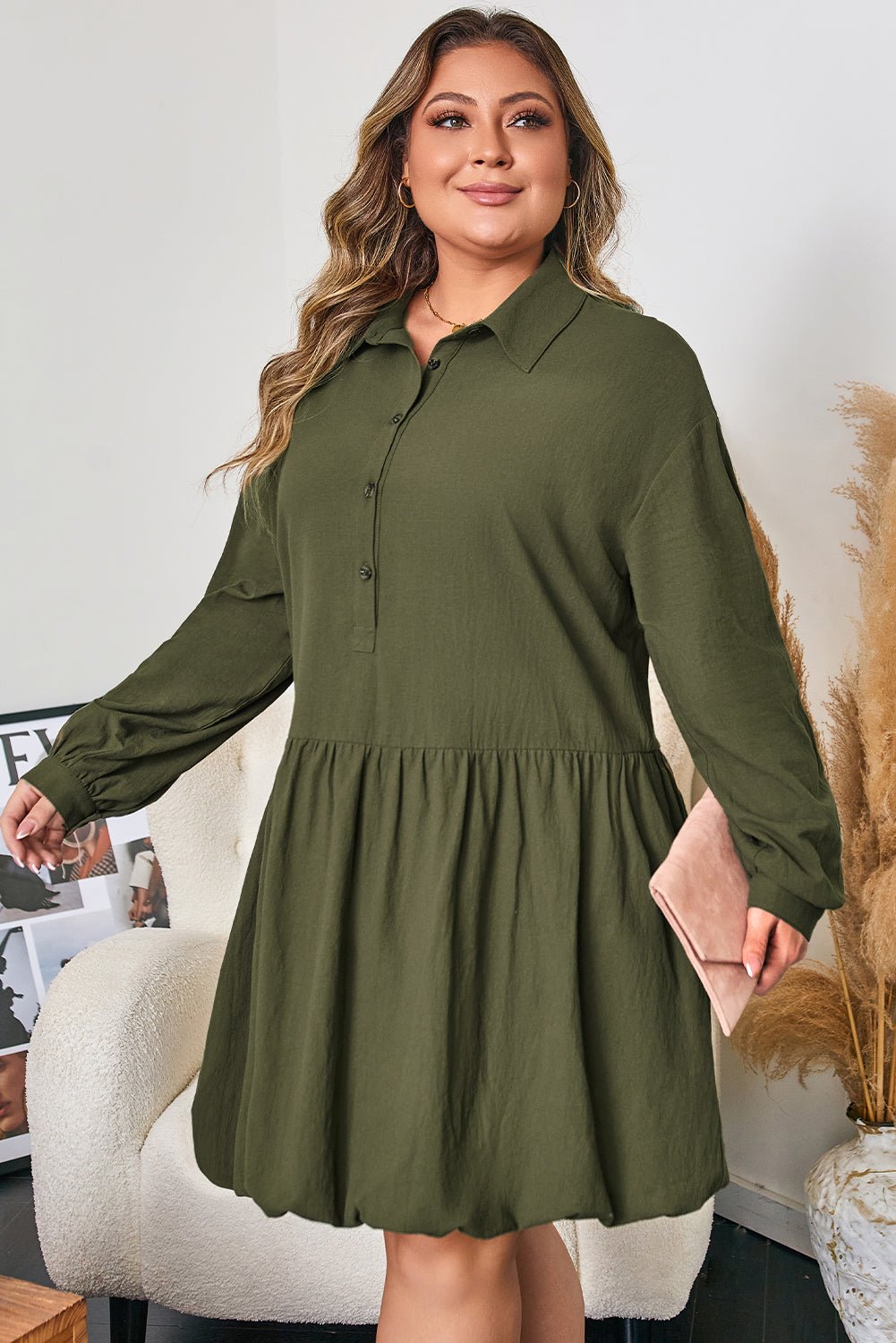 Plus Size Collared Half-Button Ruffle Hem Mini Dress - Rooted & Reckless Co.