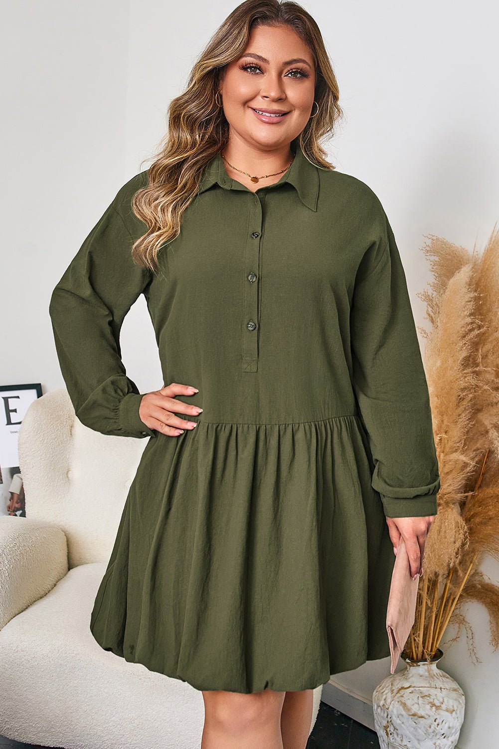 Plus Size Collared Half-Button Ruffle Hem Mini Dress - Rooted & Reckless Co.