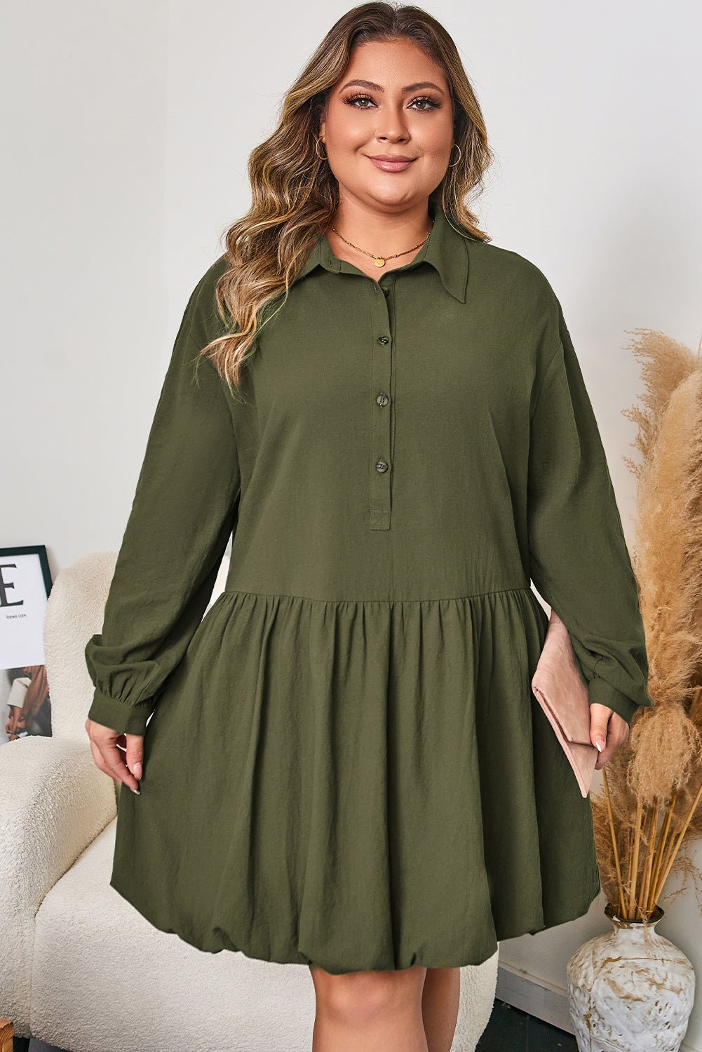 Plus Size Collared Half-Button Ruffle Hem Mini Dress - Rooted & Reckless Co.