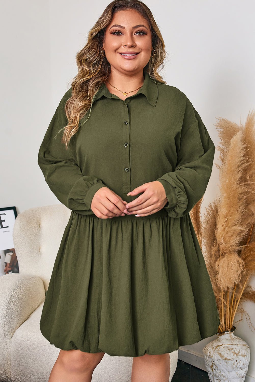 Plus Size Collared Half-Button Ruffle Hem Mini Dress - Rooted & Reckless Co.