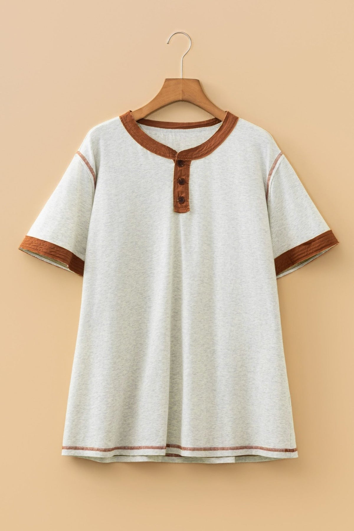 Plus Size Colorblock Distressed Short Sleeve Henley Tee - Rooted & Reckless Co.