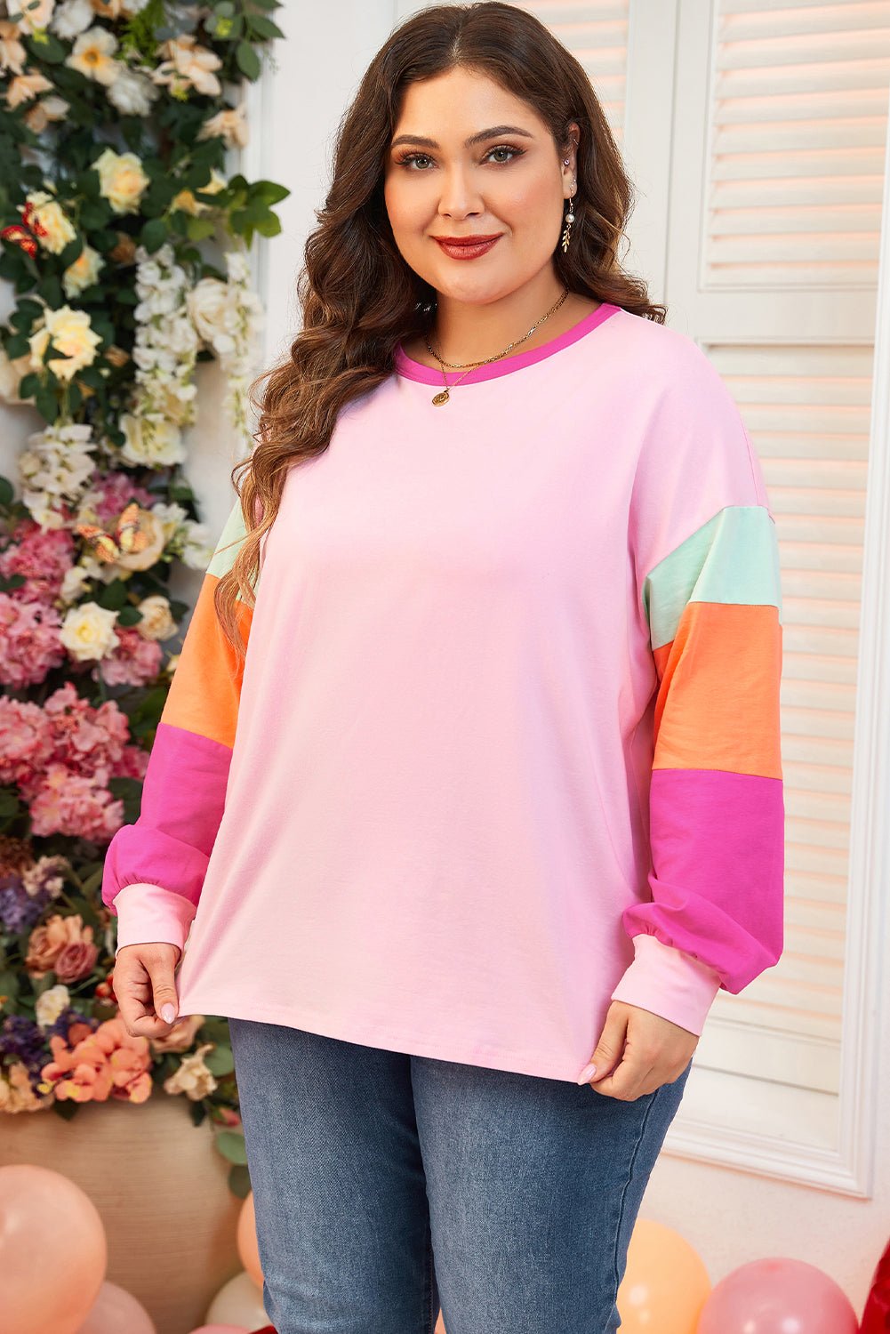 Plus Size Colorblock Patchwork Long Sleeve Top - Rooted & Reckless Co.