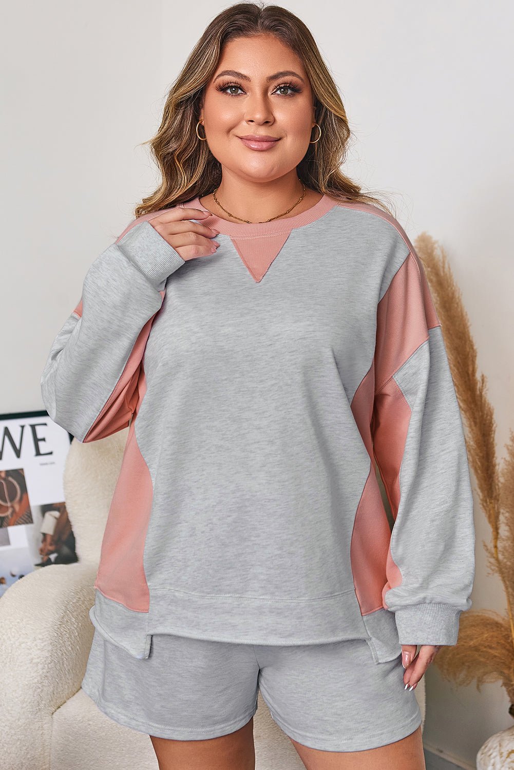 Plus Size Colorblock Pullover and Shorts Set - Rooted & Reckless Co.