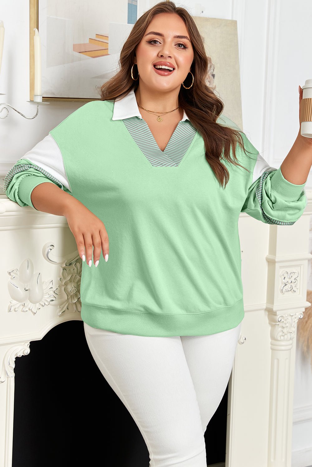 Plus Size Colorblock Stripe Patchwork Collared V-Neck Sweatshirt - Rooted & Reckless Co.