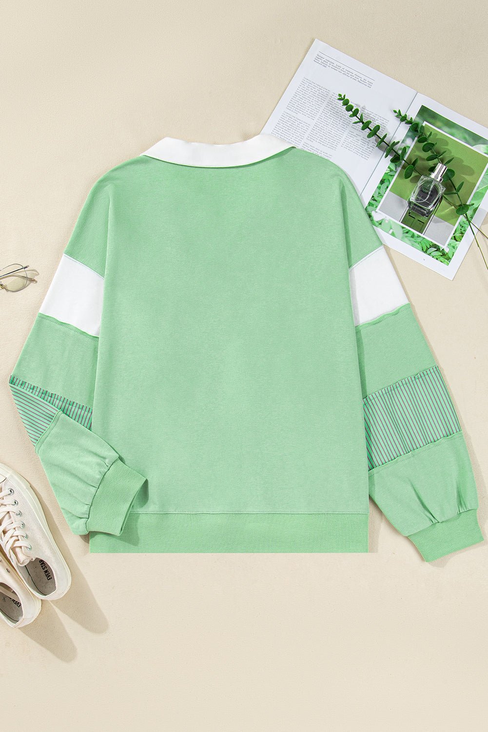 Plus Size Colorblock Stripe Patchwork Collared V-Neck Sweatshirt - Rooted & Reckless Co.