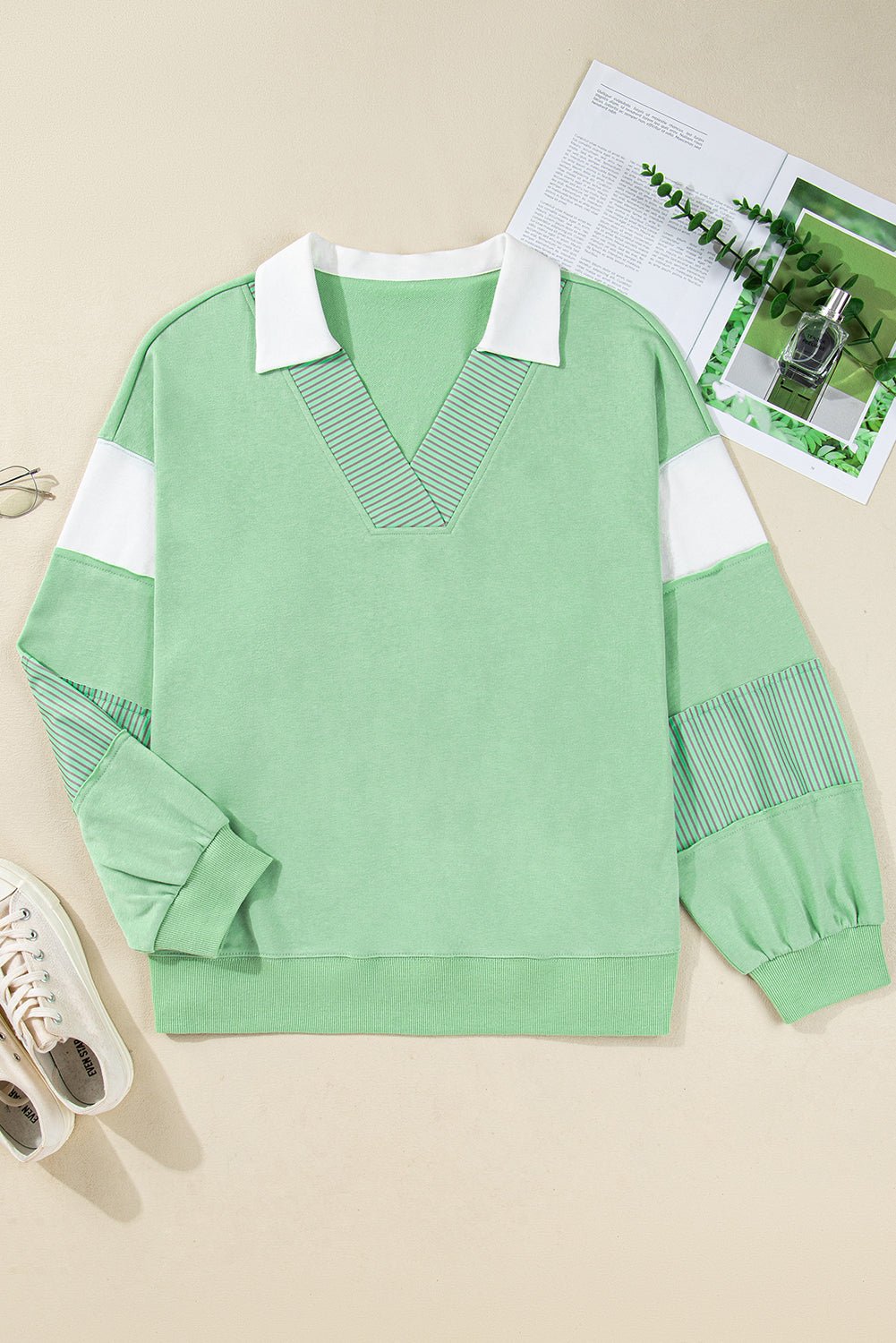 Plus Size Colorblock Stripe Patchwork Collared V-Neck Sweatshirt - Rooted & Reckless Co.