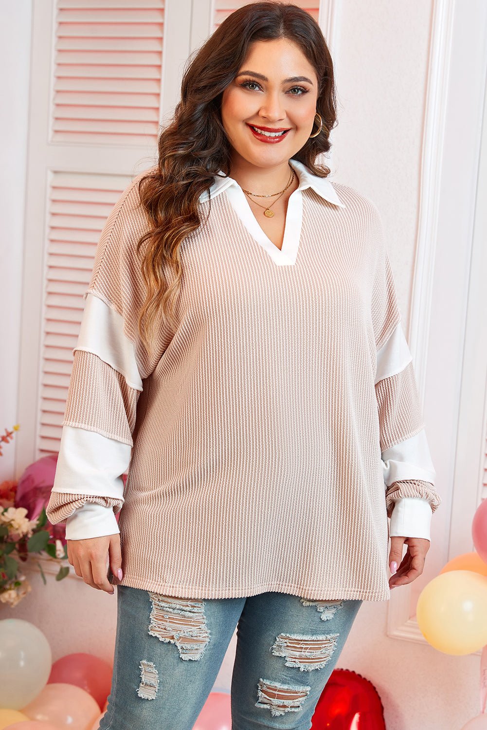 Plus Size Colorblock V-Neck Patchwork Long Sleeve Top - Rooted & Reckless Co.