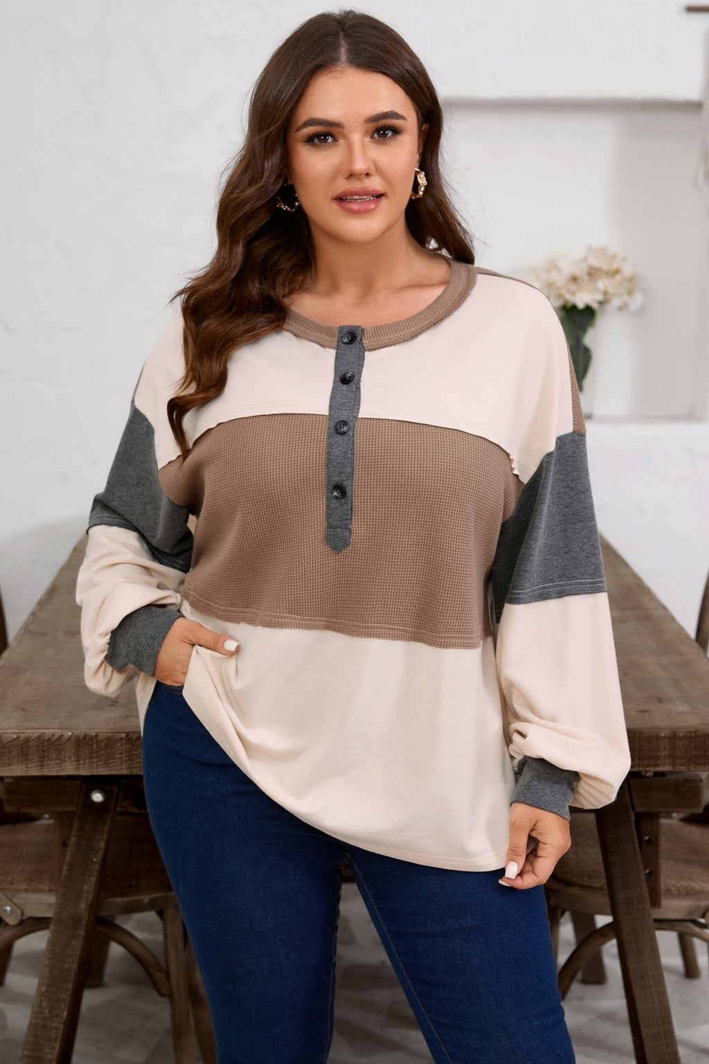 Plus Size Colorblock Waffle Knit Patchwork Half-Button Top - Rooted & Reckless Co.