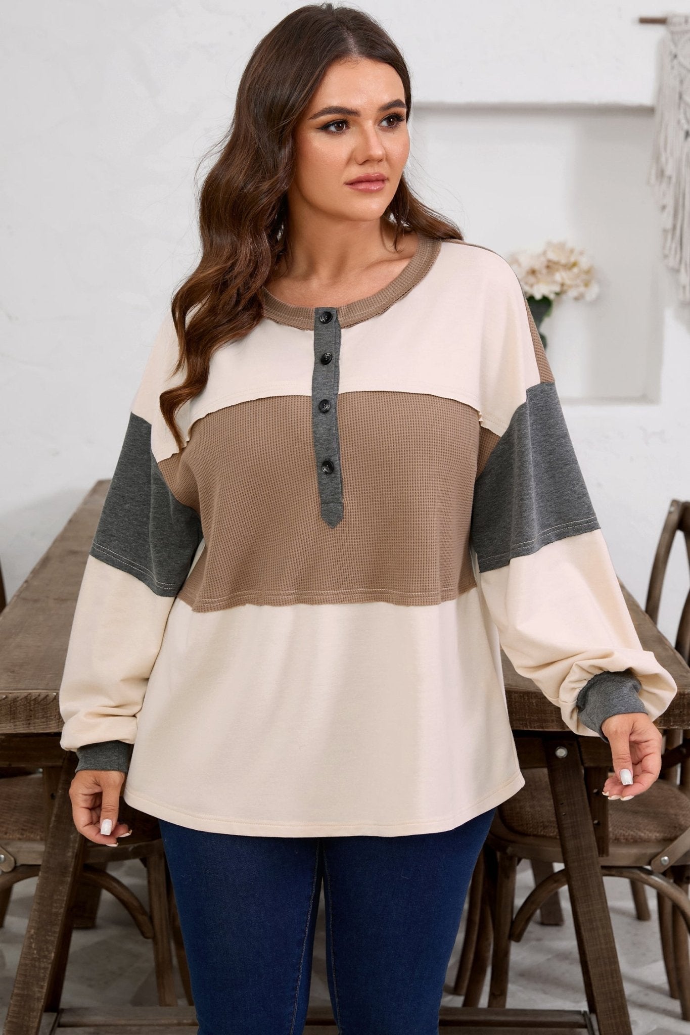 Plus Size Colorblock Waffle Knit Patchwork Half-Button Top - Rooted & Reckless Co.