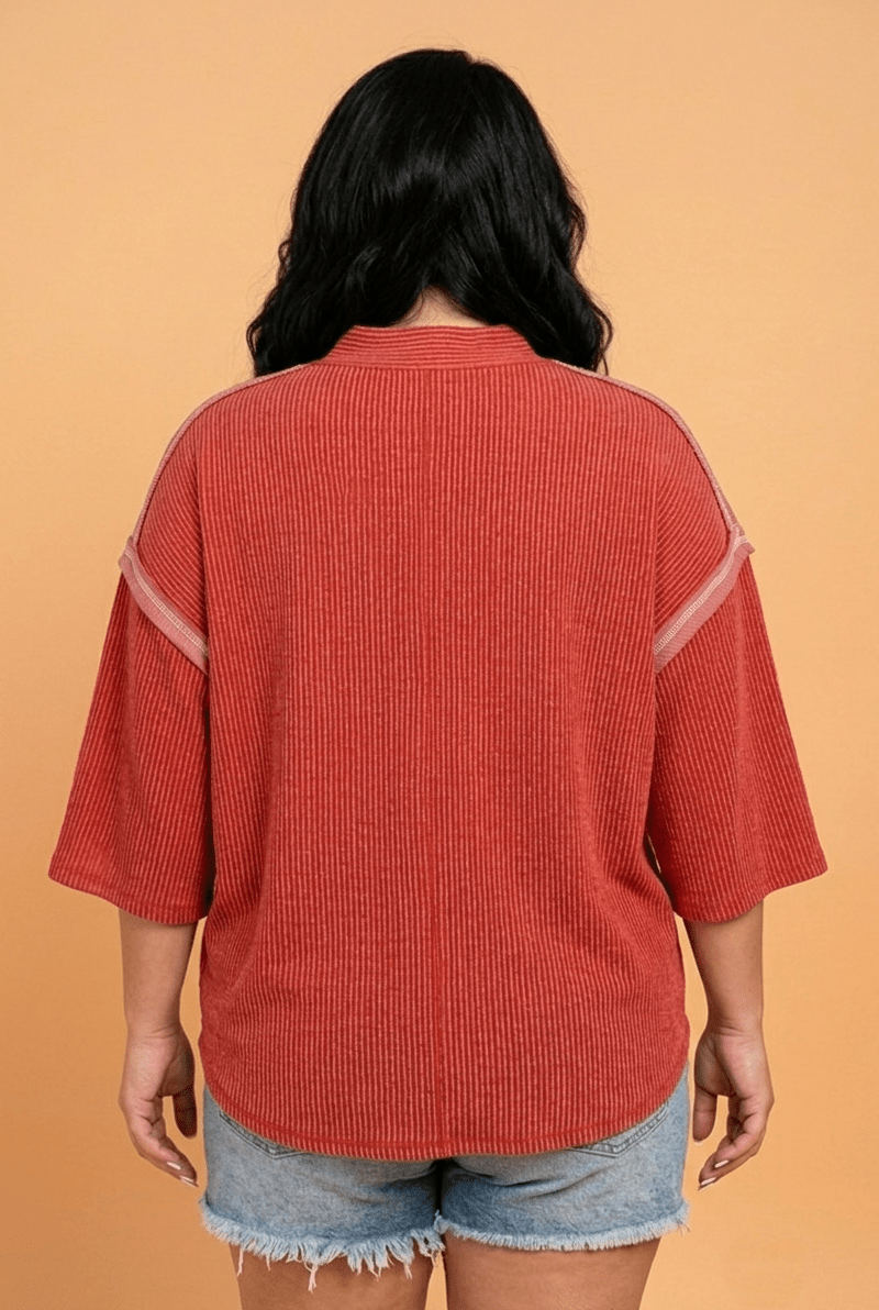 Plus Size Corded Knit Round Neck 3/4 Sleeve Blouse - Rooted & Reckless Co.