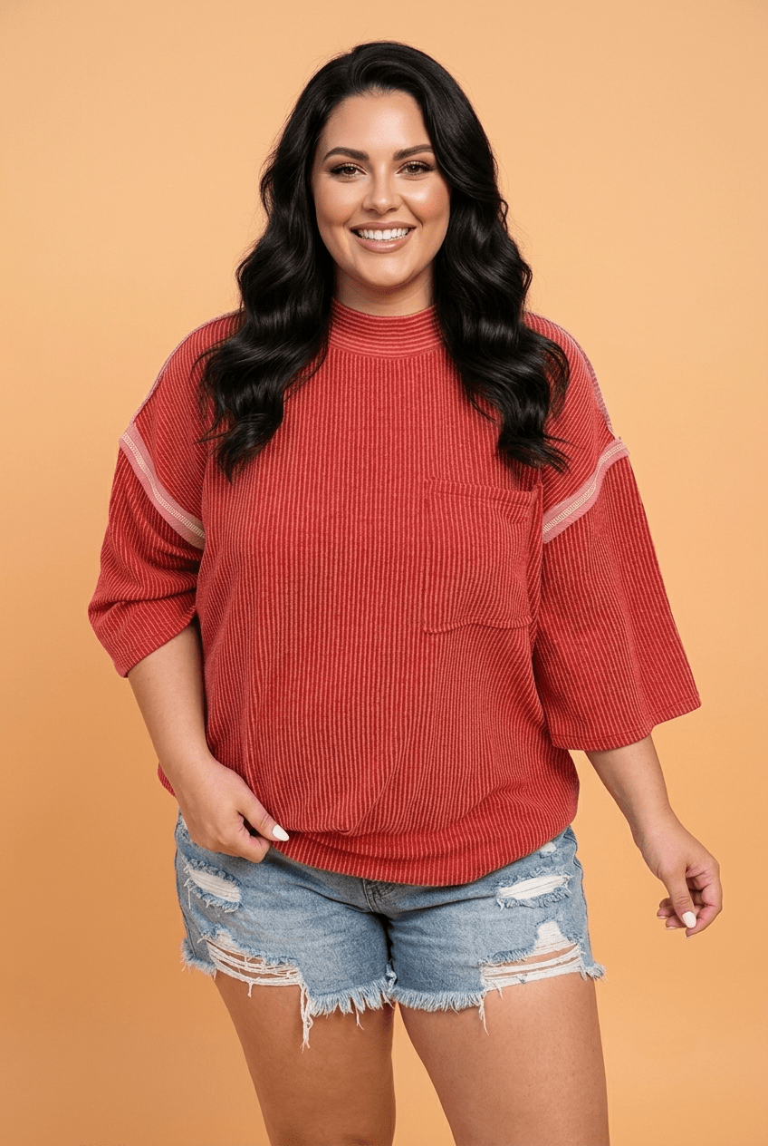 Plus Size Corded Knit Round Neck 3/4 Sleeve Blouse - Rooted & Reckless Co.